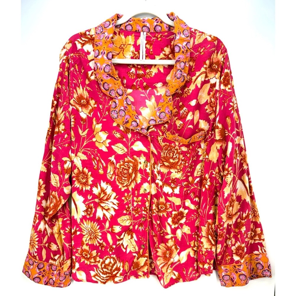 Anthropologie Pink Floral Rayon Button Up Top 2X Boho Cottagecore Garden Party